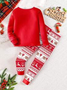2 件女童圣诞驯鹿睡衣套装，舒适贴身柔软圆领长袖上衣和长裤，可爱的节日睡衣，圣诞节和新年礼物推荐 - 紅色 - 查看 2