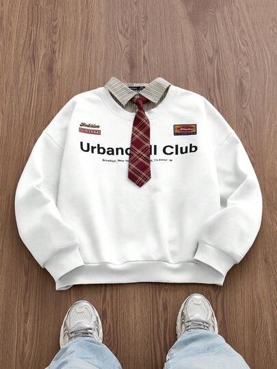 EASEVO Men's Casual Long Sleeve Plus Size Pullover Sweatshirt With Printed Tie Front Design