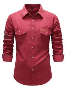 Manfinity Nomadique 男士西部牛仔风格休闲长袖衬衫 - 酒紅色 - 查看 4