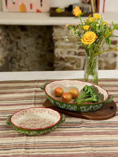 Cirelle Vintage Handpainted Ceramic Bakeware Pan With Handle, Kitchen Cookware, For Oven & Microwave, Suitable For Salad, Grilling, Baking, Dessert & Pizza Making