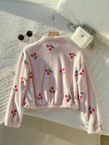 SHEIN 1pc Girls Heart Print Zip-Up Collar Fuzzy Jacket, Casual Outerwear For Autumn/Winter - Pink - View 2