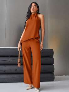 Aveloria Modichic Women's Solid Color Backless Halter Top And Wide Leg Pants Two Pieces Set Elegant Business Casual Women  - Champagne - View 3