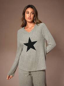 Lazeform 女士休闲星形刺绣针织圆领长袖上衣和裤子睡衣套装，冬季服装 - 卡其色 - 查看 4