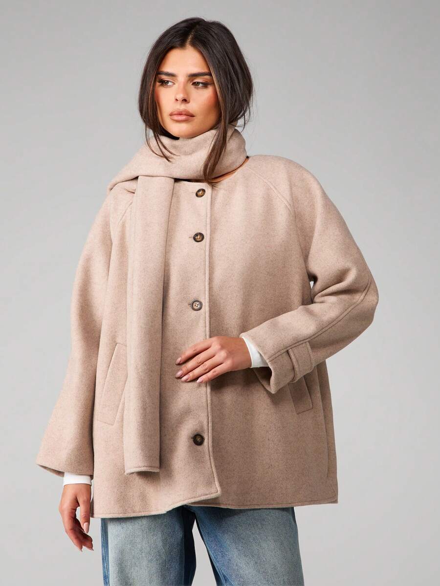 MISSGUIDED Button Front Scarf Collar Wool Blend Overcoat Winter Outerwear Jacket With Matching Scarf - Khaki - View 1