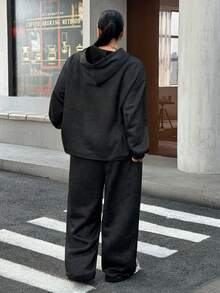Muchica Plus Size Women Black Dropped Shoulder Long Sleeve Hoodie And Wide Leg Pants Casual Loose 2 Pieces Set/Winter - Black - View 2