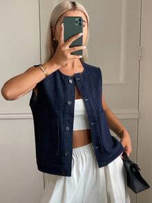 Livesso 女士夏季圆领无袖休闲牛仔夹克