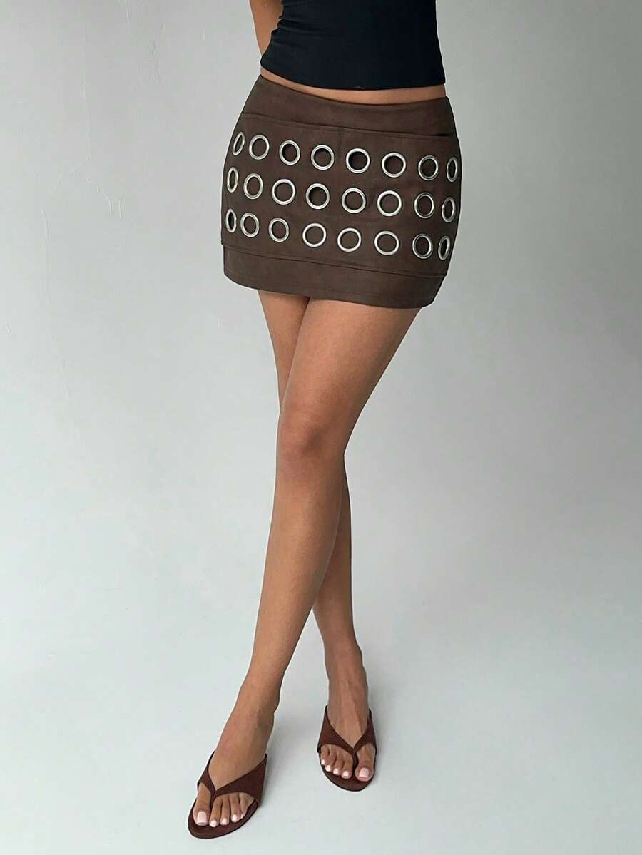 Aloruh Falda corta de mujer con diseño de ojales a la moda - Verde - Ver 1