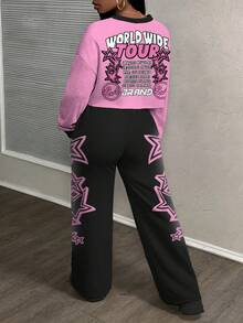 Slaydiva Women's Two Pieces Set,Black And Pink Cartoon Character Graphic Loose Sports Streetwear,Winter Everyday Street Wear Y2k Fall Clothes For Hip Hop - Multicolor - View 3