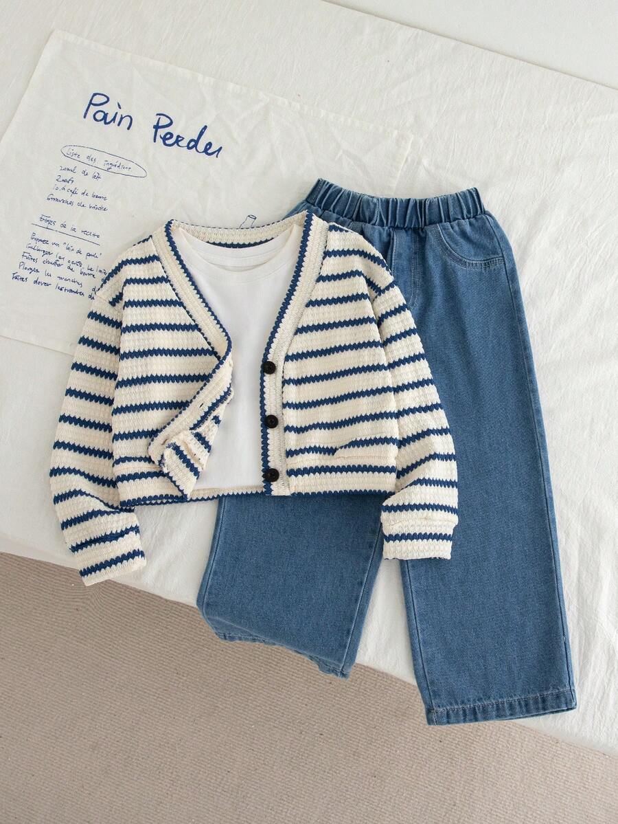 Genkimix Kids 2 件套幼儿女童秋季新款服装，条纹毛绒针织黑白超大开衫夹克，休闲直筒蓝色牛仔裤，时尚简约儿童套装 - 彩色 - 查看 1