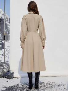 Aveloria Modichic Elegant Waist Cinched Solid Color Long Sleeve Dress, Fashionable & Versatile, Suitable For Commuting, European & American Style, Autumn/Winter - Khaki - View 6