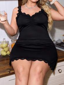 加大码甜美 Y2K 风格蕾丝边褶饰睡袍 - 黑色 - 查看 4