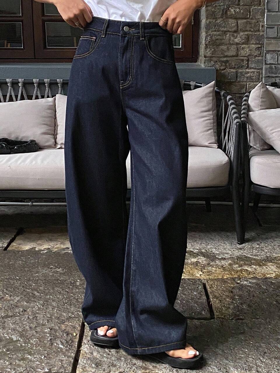 Women's Regular Waistline Decorative Loose Banana Pants, Casual City Style Jeans