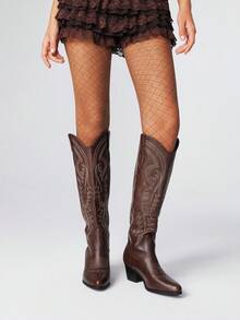 ROMWE Fairycore 女式2025春秋季新款自然风咖啡棕色刺绣西部靴，户外时尚一脚蹬及膝靴 - 咖啡棕 - 查看 2