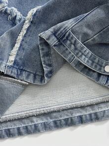 ROMWE MEN Street Life Men's Casual Washed Denim Jacket With Embroidered Digits, Autumn - Blue - View 10