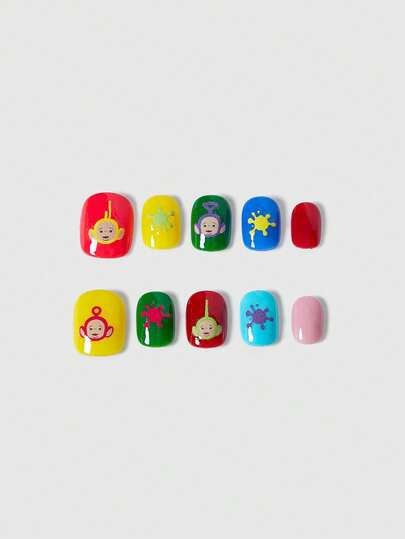 Teletubbies X ROMWE 10pcs Cute Cartoon Graphic Fashionable Simple Handmade Press On False Nails For Women