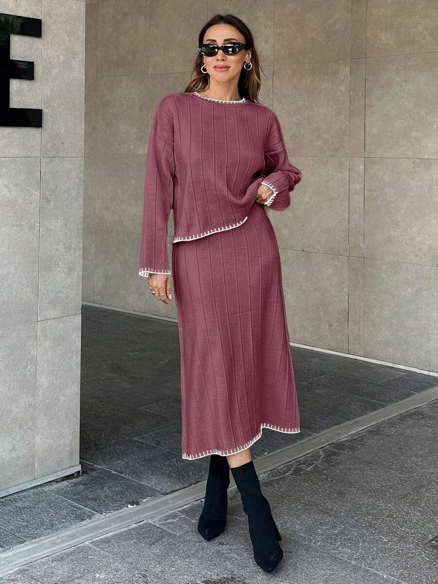 EURMUSE Women Solid Color Rib Knit Handmade Stitch Detailed Sweater & Sweater Skirt Set - Dusty Pink - View 1
