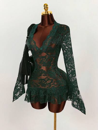 Amplova Summer Hippie Style Sheer Low-Cut Mini Dress For Women,Party Dresses Women,Christmas