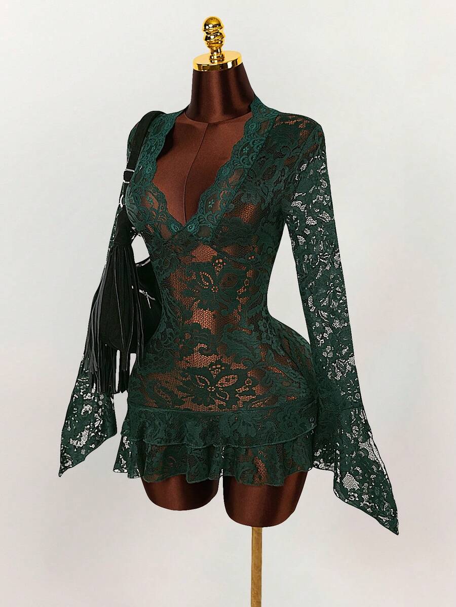 Amplova 夏季嬉皮风格女士透明低胸迷你连衣裙 - 軍綠色 - 查看 1