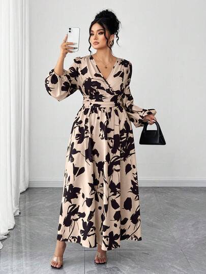 SHEIN Elenzya Plus Size Women Floral Print V-Neck Long Sleeve Elegant Maxi Dress, Autumn/Winter