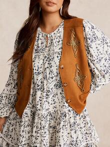 Nubod 大码女式无袖秋冬夹克，西部牛仔风格绒面革羊毛休闲外套，百搭大码背心 - 棕色 - 查看 3