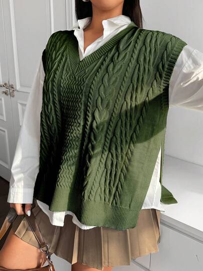 Flirla Plus Size Women Casual Loose V-Neck Cable Pattern Knitted Vest, Autumn/Winter