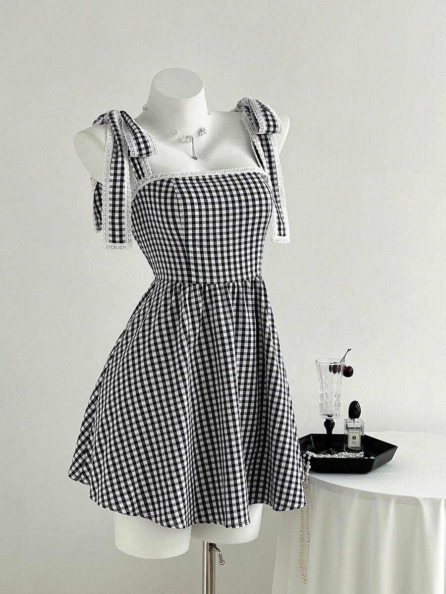 Elamini Váy ngắn buộc dây họa tiết kẻ caro xếp ly ren dễ thương cho nữ - màu đen - Xem 1