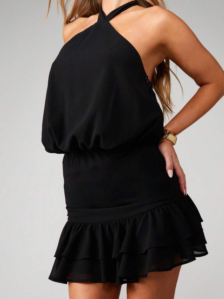 MISSGUIDED Halter Neck Mini Dress With Ruffled Hem For Party Evening Occasions