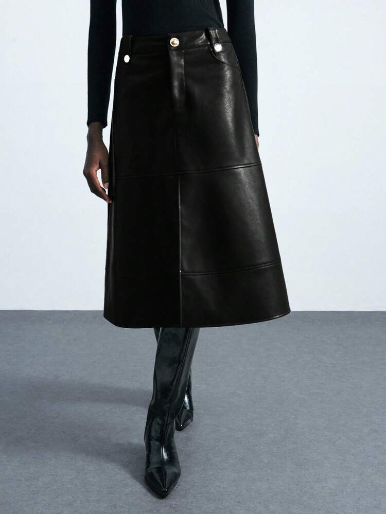 Maija Falda clásica de mujer con hebilla de metal de diseño PU, adecuada para el transporte urbano, los negocios y el uso casual, otoño/invierno - Negro - Ver 4