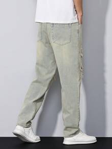 Manfinity Homme 男士休闲日常做旧斜插口袋牛仔裤 男士宽松直筒休闲裤 - 淺色水洗藍 - 查看 6