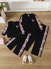 Baby Girls' Pullover Hoodie With Bow Decor And Wide Leg Pants Set, Spring/Autumn Baby Girl Sweat Set Baby Girl Tracksuit Two Pieces Sets Baby Clothes Girl Black White And Pink Baby Girl Clothes With Bows Fall Winter - Black - View 3