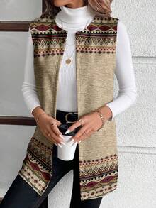 SHEIN LUNE Chaqueta regular de mujer de punto con patrón geométrico elegante y casual, versátil para otoño/invierno - Multicolor - Ver 4