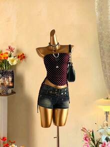 SHEIN EZwear Women's Casual Drawstring Tie-Front Cropped Tube Top - Burgundy - View 4