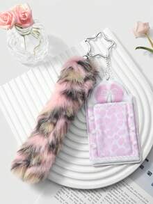 ROMWE Anime 1件Y2K风格复古极简高品质黑白渐变人造毛皮尾巴，PVC亮面卡包，带有音乐元素、波点翅膀、钢琴键、星星钥匙扣吊坠，适合女性日常佩戴和节日礼物 - 粉色-48 - 查看 7