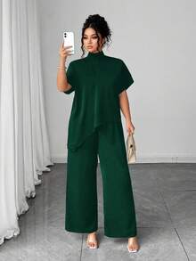 Elenzga Setelan 2 Potong Wanita Ukuran Plus Kasual Leher Tinggi Lengan Pendek Hem Asimetris + Celana Panjang Lebar Polos - Dark Green - View 3