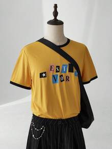ESTAVOR 男士休闲时尚街头字母印花短袖 T 恤，夏季 - 黃色 - 查看 2
