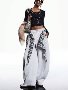 LYSMO 2025新款极简秋季女式弹力腰宽腰带宽松阔腿弧形剪裁休闲运动裤，带口袋，户外运动风格，简约休闲，时尚百搭/冬季女装/圣诞节/圣诞节女装/圣诞节/新年/新年/新年女装/新年/新年女装/感恩节女装/感恩节/毕业季/时尚女裤/时尚女裤/时尚系列 - 淺灰色 - 查看 5