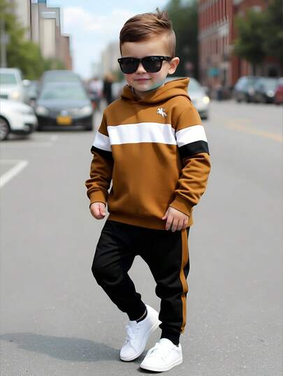 SHEIN 2 件套年轻男孩欧美街头休闲日常字母印花宽松侧袋撞色连帽衫和慢跑裤，适合户外、日常穿着、上学