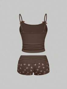 ROMWE J-Fashion 女士可爱鹿刺绣蕾丝吊带背心搭配短裤休闲套装