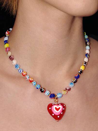 Y2Kool 1pc Vacation-Style Faux Jade Colorful Beaded Red Heart Pendant Necklace For Women (Bead Color Random & Position Varies) Valentines