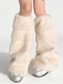 ROMWE Kawaii 1双可爱毛绒小鹿图案腿套，Y2K风格毛绒球加厚超大腿套，时尚修身，适合日常、秋冬季、节日和派对穿着 - 米白色 - 查看 2