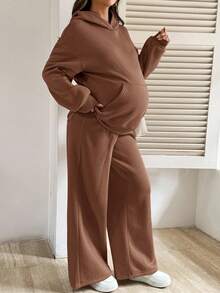 SHEIN 2件套孕妇休闲纯色连帽衫和运动裤套装，秋冬 - 咖啡棕 - 查看 5