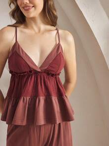 Ocili Women's Contrast Ruffle Hem Camisole And Wide Leg Pants Pajama Set - Rose Red - View 6