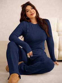 Elaquor Plus Size Women 2 Pieces Set,Navy Blue Ribbed Knit Button Decor Asymmetrical Hem T-Shirt&Pants,Autumn Curve Smart Casual Loungewear For Winter Commute - Navy Blue - View 1