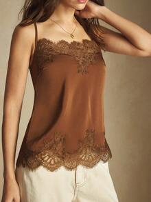 BizChic 2025 秋冬新款可调节细肩带不对称蕾丝拼布缎面衬衫，优雅别致的办公室休闲正装，适合派对、婚礼、海滩、节日、感恩节、圣诞节星期五