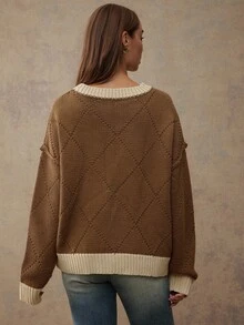 WESTFADE Suéter de punto holgado con cuello redondo, bordado con herradura, de manga larga y bloque de color, para otoño, invierno, estilo bohemio, western, para mujer, casual, lindo, para conciertos country - Caqui - Ver 2