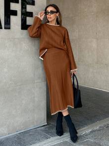 EURMUSE Women Solid Color Rib Knit Handmade Stitch Detailed Sweater & Sweater Skirt Set - Brown - View 7
