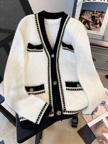 GlowEve Soft & Gentle V-Neck Fashionable Contrast Color Casual Versatile Women Knitted Cardigan, Autumn/Winter - White - View 5