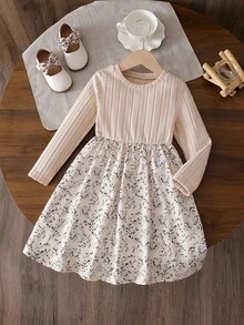 SHEIN Vintaside Kids Girls Elegant Sweet Cute Ditsy Floral Round Neck Ribbed Long Sleeve Casual Dress, Suitable For Christmas, Halloween, Holiday Party, Vacation, Daily Wear, Spring/Autumn/Winter - Apricot - View 3