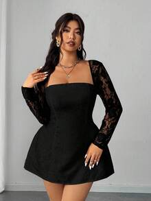 Elenzga 大码优雅派对蕾丝拼布迷你连衣裙