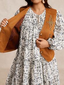 Nubod 大码女式无袖秋冬夹克，西部牛仔风格绒面革羊毛休闲外套，百搭大码背心 - 棕色 - 查看 7